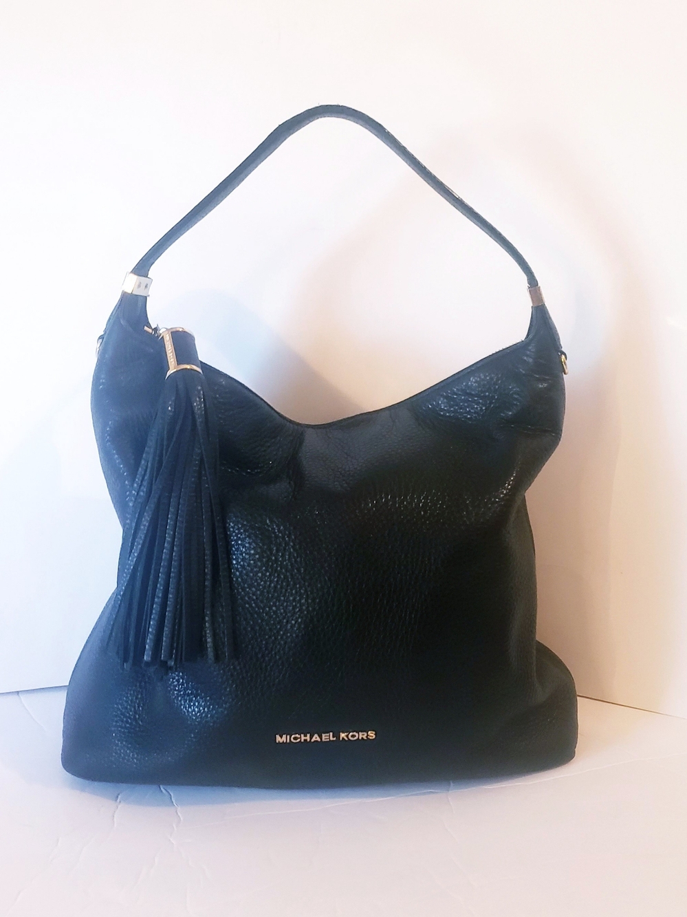 Michael Kors Black Pebbled Leather Shoulder Hobo with Tassel